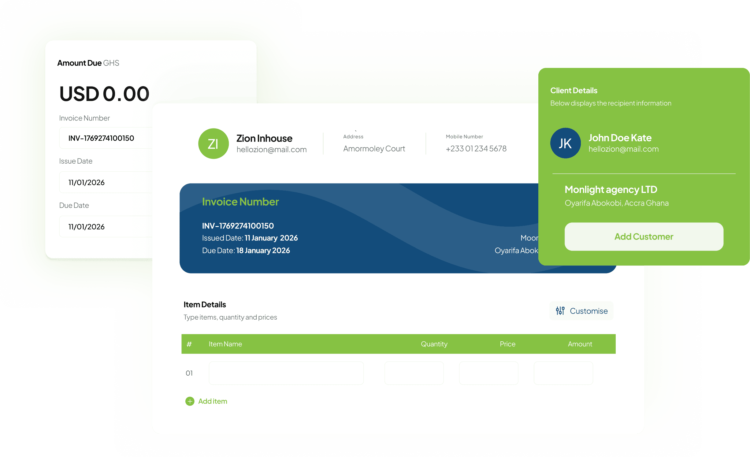 MoveBills invoice interface preview showing invoice details, amount due, and client information